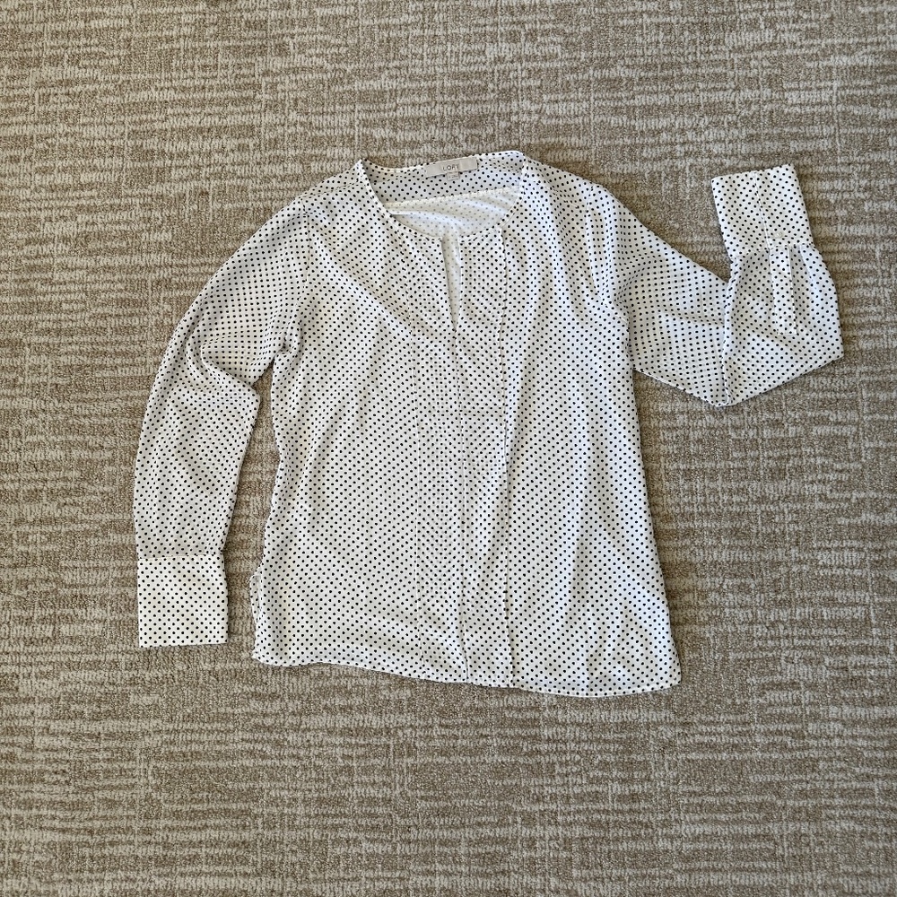 LOFT Polkadot Print Splitneck Mixed Media Blouse